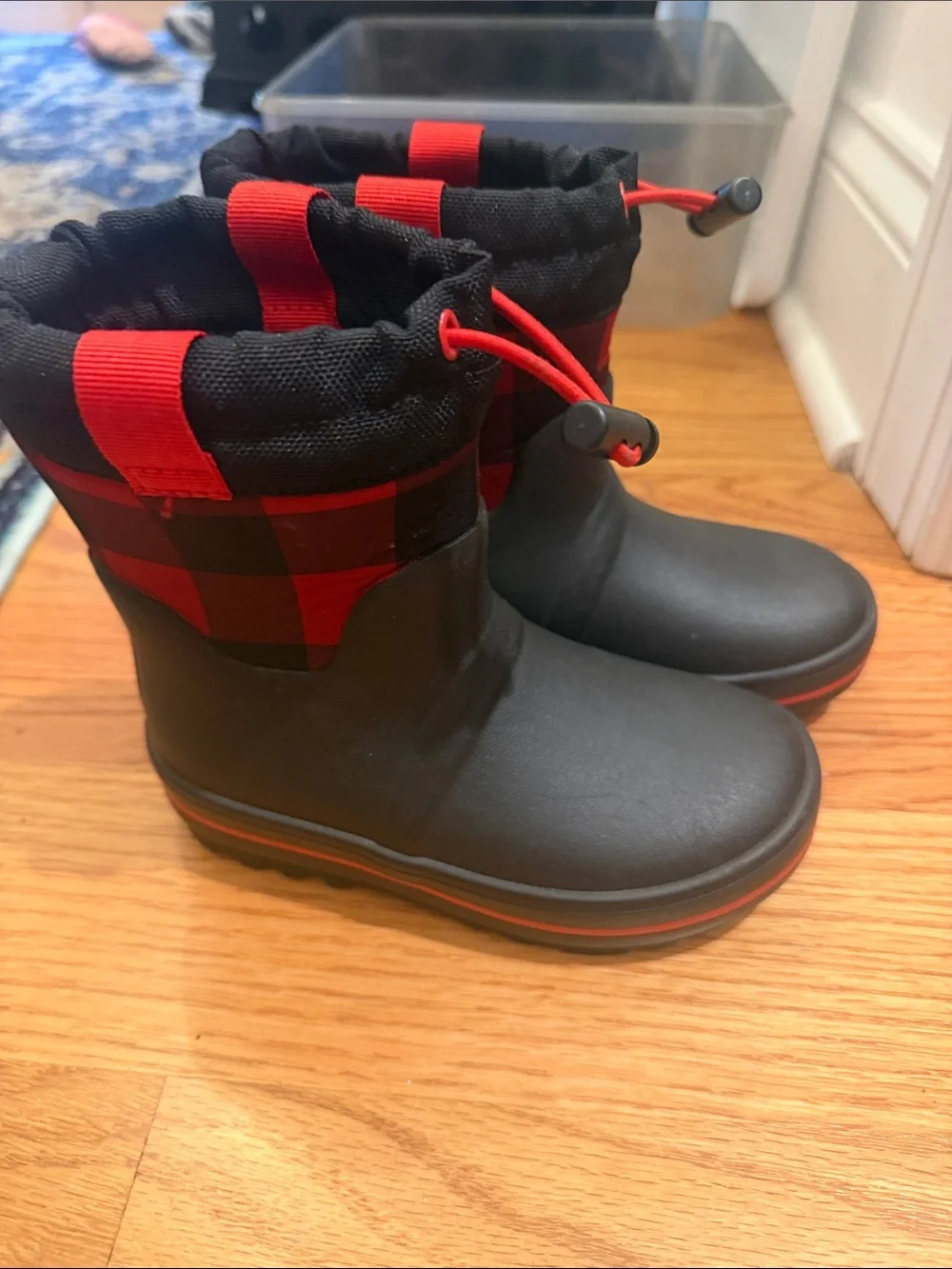 Cat & Jack Kids Black Rain Boots with Red Buffalo Plaid Cuff